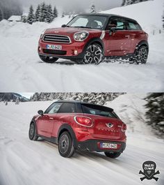 two pictures of a red mini cooper driving on snow covered ground with trees in the background