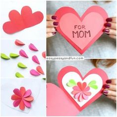 four pictures showing the steps to make a heart shaped card with flowers and hearts on it