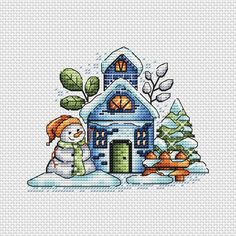 a snowman is standing in front of a house with trees and carrots on it