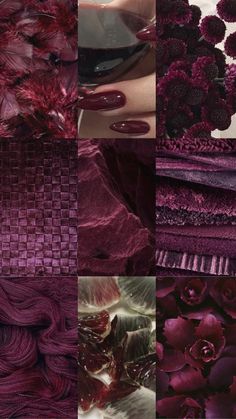 several different shades of purple and red are shown in this collage, with flowers on them