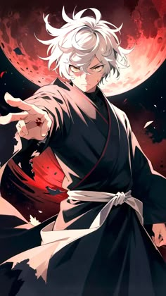 an anime character with white hair pointing at the moon and holding his hand out in front of