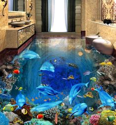 dolphins swimming in the ocean with fish and corals on the floor 3d flooring