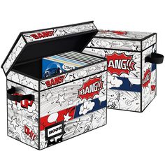 two storage boxes with comic themed designs on the front and back, one opened to show comics