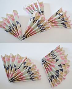 three different views of folded origami pieces