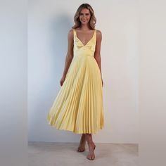 Size L(12), Bought For Engagement Photos But Didn’t Like The Way It Fit Me, Still In Original Packaging Highlights Gorgeous Flowy Midi Pleated Skirt Elasticated Cross Back Straps For Extra Comfort Available In Yellow & Lilac Sizing The Model Is 5'10 And Wears Uk Size 8 / S / Us Size 4 Fit & Fabric Made From 100% Polyester Side Zip True To Size Length From Top Of Bust To Hem: 115cm Stretch: 6/10 Satin Pleated Dress, Midi Pleated Skirt, Yellow Lilac, Yellow Satin, Yellow Midi Dress, Pleated Midi Skirt, Wedding Attire, Pleated Dress, Pleated Skirt