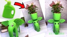 an elephant planter with flowers in it and the bottom one has a green plastic bottle