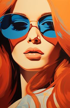 a painting of a woman wearing sunglasses and red hair with blue shades on her face