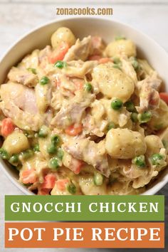 a bowl full of chicken pot pie recipe with text overlay that reads gnocchi chicken pot pie