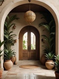 an arched entry way with potted plants on either side and a door in the middle