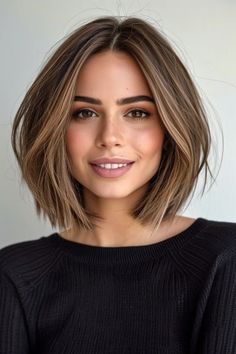 Kurzhaarbob: 57+ charmante Schnitte für modernes Flair - hairtastic.de Long Bob Light Brown, Long Bob Braun, Brown Balayage Bob, Bluntcut Bob Brown, Straight Thick Hair, Neck Length Hair, Short Cropped Hair, Dark Brunette Hair, Shaggy Bob