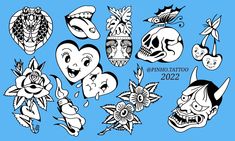 various tattoo designs on a blue background, including skulls and flowers in the shape of hearts