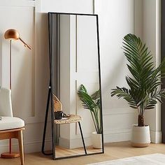 a room with a mirror, chair and potted plant on the floor in front of it