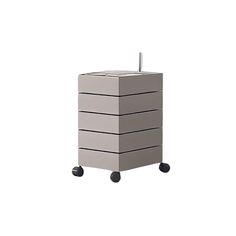 a white box sitting on top of a black casteor with four drawers and two wheels