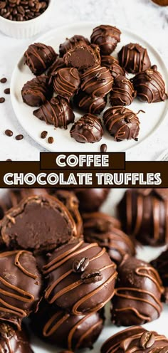 chocolate truffles on a plate with coffee in the background and text overlay