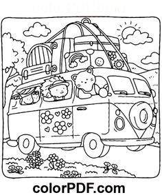 a coloring page with an old vw bus and teddy bears in the back seat