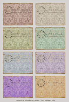 four different business cards with floral designs on the front and back, all in pastel colors