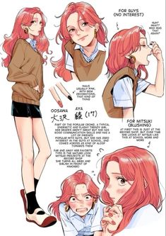 an anime character with red hair and short legs, in different positions to look like she is