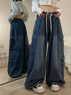 Size: M L XLFabric classification: denimWaist shape: Natural waistColor classification: blue blackSeason: AutumnYear Season: Fall 2022Thickness: RegularTrouser length: Long pantsStyle: wide-legged pantsColor: Dark Baggy Cargo Jeans, 일본 패션, Elastic Waist Jeans, Retro Streetwear, Spring Women, Type Of Pants, Cargo Jeans, Wide Leg Denim, Anton