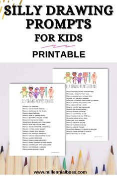 the silly drawing prompts for kids printable with pencils and crayons