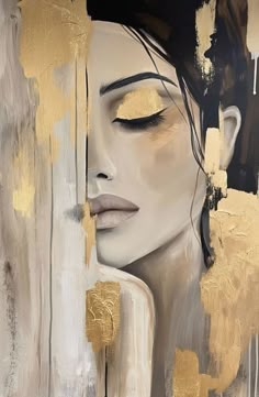 an abstract painting of a woman's face with gold paint on the wall behind her