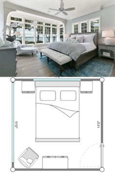 the floor plan for a bedroom with a bed, desk and ceiling fan in it