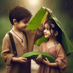 two children are standing in the rain holding leaves