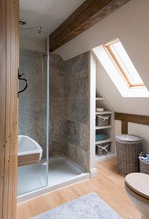 a bathroom with a skylight and a walk in shower