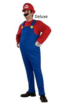 a man in a blue and red mario costume