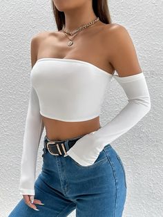 SHEIN PETITE Solid Off Shoulder Crop Top | SHEIN USA Basic Tee Outfit, Crop Top Aesthetic, Backless Crop Top, Front Crop Top, Off Shoulder Crop Top, Crop Top Shirts, Casual Tops For Women, Tee Outfit