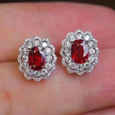 14K White Gold FN Sterling / Prong Setting / Special Gift For Her/ Wedding Earring / Woman Earring / Ruby Diamond / Flower Stud Earring  THIS PENDANT IS READY TO MADE A ORDER  ✔ Type : Earring  ✔ Style : Stud  ✔ Main Stone : Ruby & Diamond  ✔ Main Stone Color : Red & White ✔ Main Stone Shape : Oval & Round         ✔ Metal Purity : 925 Sterling Silver ✔ Main Stone Creation : Simulated ✔ Total Carat Weight : 2.00 Ct  ✔ Metal Finish  : 14k White Gold Finish  ✔ Ready to Ship in 3-5 Business Days ♥ C Red Ruby Earrings, Custom Birthstone Ring, Diamond Tops, Wedding Earring, Special Gifts For Her, Fancy Earrings, Halo Earrings Studs, Gold Earrings Designs, Ruby Earrings