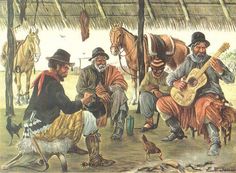 an old painting of men playing instruments and sitting under a thatched roof with horses