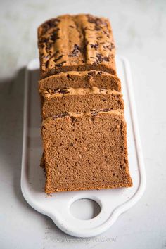 slices of chocolate chip bread on a white platter