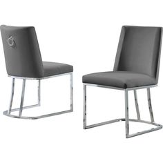 a pair of grey chairs with chrome legs and backrests, one is upholstered