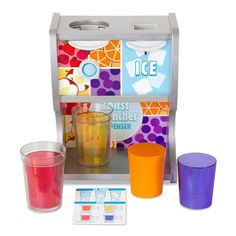 an assortment of different colored glasses and cups