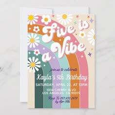 a colorful birthday party card with daisies and rainbows on the front, in pastel colors