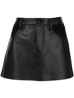 Black calf leather A-line leather skirt from DION LEE featuring low-rise, belt loops, front button and zip fastening, classic five pockets and straight hem. | Dion Lee A-line leather skirt Dion Lee, Black Leather Skirts, Calf Leather, Leather Skirt