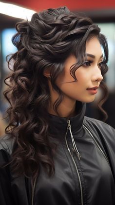 Hair For Masquerade Ball, Masquerade Hair Styles, Hair Styles For Black Dresses, Half Up Half Down Black Hairstyles, Front Wedding Hairstyles, Vampire Diaries Hairstyles, Half Bun Hairstyles Wedding, Black Hair Half Up Half Down, Brides Maids Hairstyle Long Hair