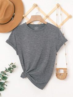 SHEIN Essnce Solid Round Neck Tee | SHEIN USA Inspiration Mode, Swimsuit Tops, Plus Size T Shirts, Plus Size Tops, Fashion Online Shop, Plus Clothing, All Fashion, Summer Women