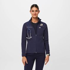 Women's On-Shift Fleece Jacket™ - Navy · FIGS Nursing Jackets, Nurse Inspiration, 2024 Wishlist, Medical Outfit, Scrub Jackets, Weather Patterns, Lululemon Jacket, Women's Jackets, Fleece Vest