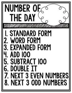 a black and white sign that says, number of the day standard form word form expanded form