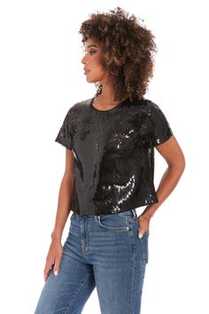 Elevate your casual glamour with our Chelsea sequin t-shirt. This dazzling piece combines the comfort of a classic tee with the allure of all-over sequins, creating a look that's both effortless and eye-catching. Perfect for girls' nights out, birthday celebrations, or adding sparkle to your weekend wardrobe. Pair it with sleek leather pants for an edgy evening look, or dress it down with your favorite jeans for a touch of daytime drama. The Chelsea top ensures you'll shine in any setting, from Shimmer Top With Jeans, Casual Glamour, Illusion Dress, Casual Day Outfits, Maggy London, Weekend Wardrobe, Evening Look, Cropped T Shirt, Jewel Neck