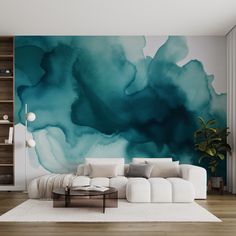 a living room with a large painting on the wall