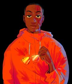 a man in an orange hoodie is staring at the camera with his hand on his hip