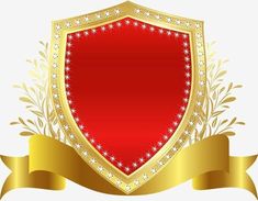 a red shield with gold trim and stars on the side, as well as a golden ribbon