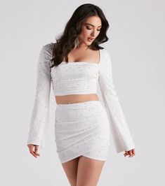 Pearl Crop Top, Trendy Mules, Rhinestone Skirt, Bell Sleeve Crop Top, Wrap Mini Skirt, Free Dresses, Skirt Fits, White Rhinestone