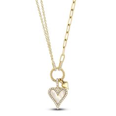 A meaningful heart pendant is enveloped in dazzling mother-of-pearl and haloed by brilliant round diamonds in this playful women's necklace from Shy Creation®. 14K yellow gold Even more shimmering diamonds adorn the bail and chain connectors to complete the look. total diamond weight is 1/8 carat 18-inch rolo and paperclip chains lobster clasp Women's Necklace, Pnina Tornai, Jared The Galleria Of Jewelry, Black Diamonds, Black Rhodium, I Love Jewelry, Jewelry Inspo, Paper Clip, 18k Rose Gold