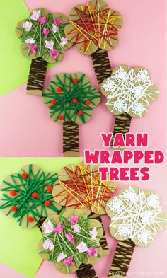 yarn wrapped trees made out of paper on pink background