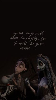 the corpse bride and groom are looking at each other in front of a dark background