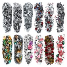 a bunch of different designs on some kind of armbands with roses and skulls