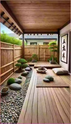 a wooden deck with rocks and stones on it